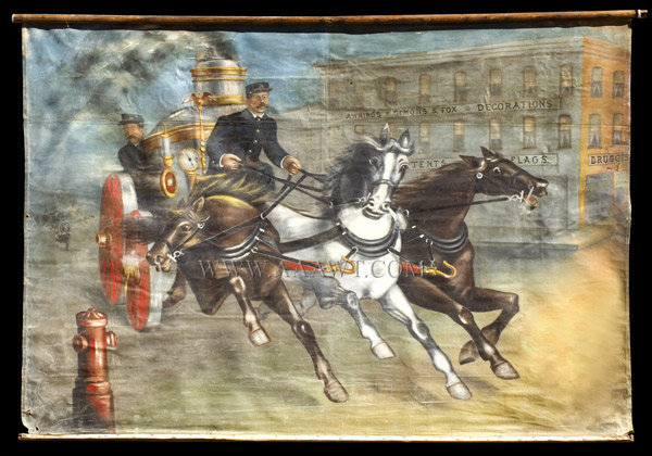 Painting, Fire Pumper Answering Alarm, Painted Banner on Canvas
Hartford, Connecticut
Circa 1900, entire view